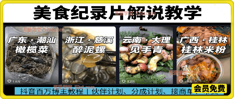 百万抖音博主美食纪录片解说课程，伙伴计划，分成计划，撸抖音精选收益