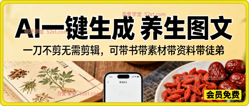 AI一键生成小红书养生图文，一刀不剪无需剪辑，可带书带素材带资料带徒弟，流量财富嘎嘎猛