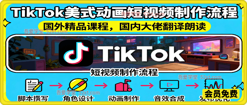 TikTok美式动画短视频制作流程，国外精品课程，国内大佬翻译朗读