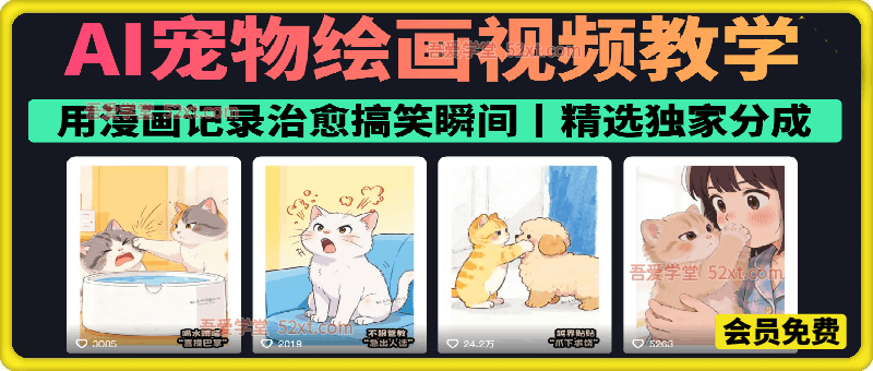 AI宠物绘画视频教学，用漫画记录治愈搞笑瞬间，精选独家分成