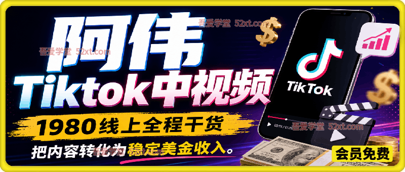 TK伟专属1980线上课程，主打TikTok中视频变现玩法，带你玩转海外平台、轻松赚取美金收益