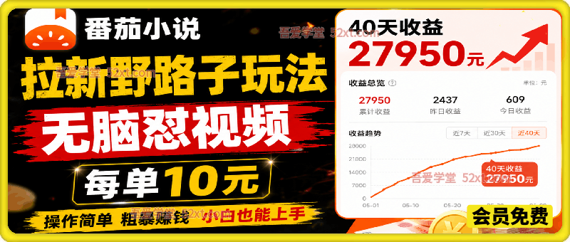 番茄小说拉新野路子玩法，无脑怼视频，每单10元，40天收益27950