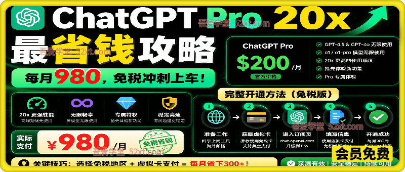 ChatGPT Pro 20x 最省钱攻略：每月980，免税冲刺上车！附完整开通方法