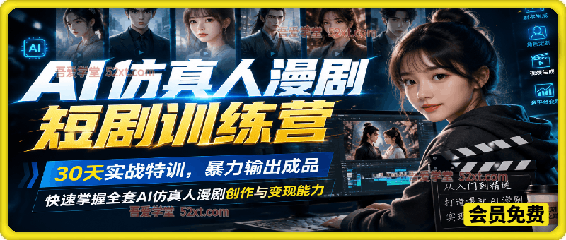 AI仿真人漫剧短剧训练营，30天实战特训，暴力输出成品，快速掌握全套AI仿真人漫剧创作与变现能力