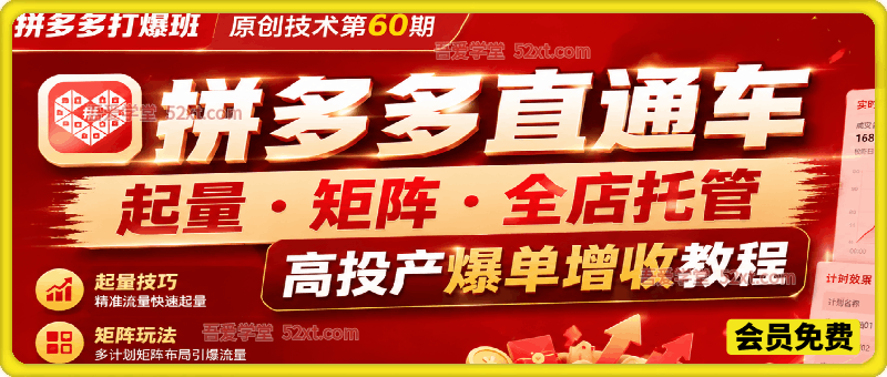拼多多打爆班原创技术第60期，拼多多直通车，起量・矩阵・全店托管，高投产爆单增收教程
