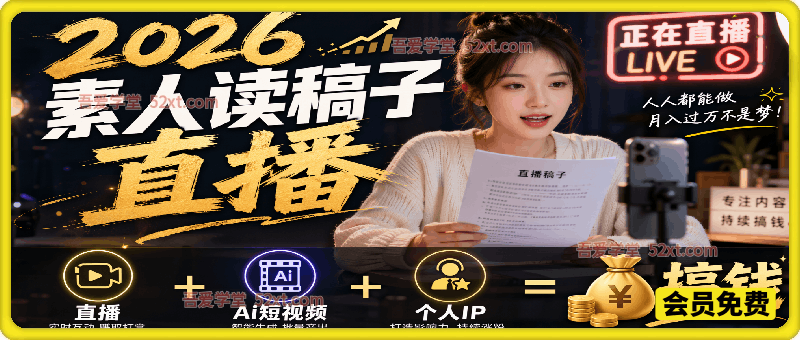 2026 素人读稿直播实战课｜直播 + AI 短视频 + 个人 IP，三维搞钱全教学
