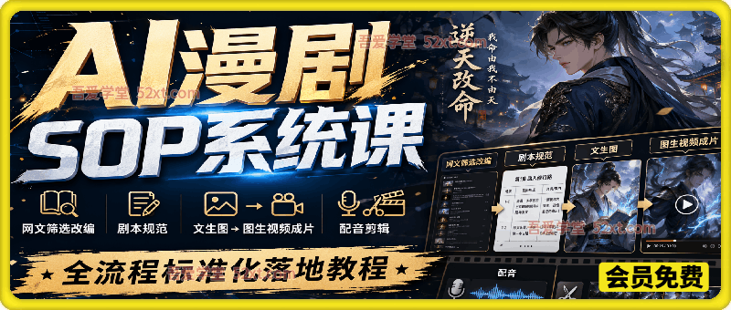 AI漫剧SOP系统课：网文筛选改编、剧本规范、文生图图生视频成片、配音剪辑全流程标准化落地教程