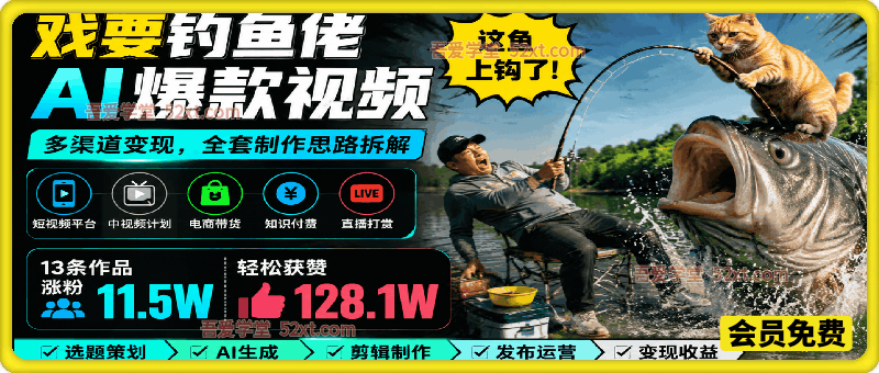 戏耍钓鱼佬AI爆款视频，多渠道变现，全套制作思路拆解，13条作品涨粉11.5W，轻松获赞128.1W