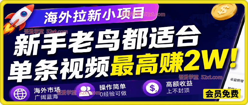 海外拉新小项目，新手老鸟都适合，单条视频最高赚2W！轻资产副业，新手当天就能上手