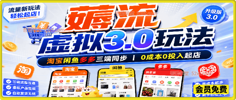 薅流虚拟电商3.0玩法，淘宝闲鱼多多三端同步，成本0投入起店