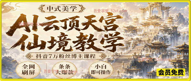 中式美学AI云顶天宫仙境教学，抖音7万粉丝博主课程。其他小字：全网刷屏，条条大爆款，小白即可操作