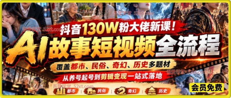 抖音130W粉大佬新课！AI故事短视频全流程，覆盖都市、民俗、奇幻、历史多题材，从养号起号到剪辑变现一站式落地