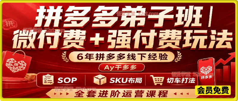 拼多多弟子班丨微付费+强付费玩法。Ay干多多6年拼多多线下经验，SOP、SKU 布局、切车打法全套进阶运营课程