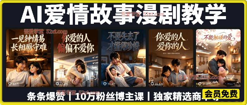 AI爱情故事漫剧教学，条条爆赞，10万粉丝博主漫事声忆课程，独家精选商单等