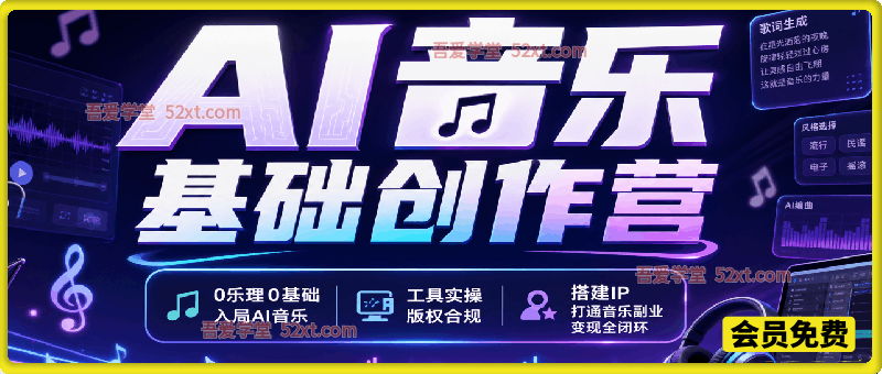 AI音乐基础创作营，0乐理0基础入局AI音乐，工具实操版权合规，搭建IP打通音乐副业变现全闭环