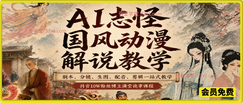 AI志怪国风动漫解说教学，剧本、分镜、生图、配音、剪辑一站式教学，抖音10W粉丝博主满堂诡事课程