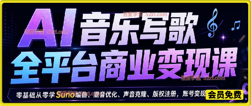 AI音乐写歌全平台商业变现课，零基础从零学Suno编曲、混音优化、声音克隆、版权注册，账号变现