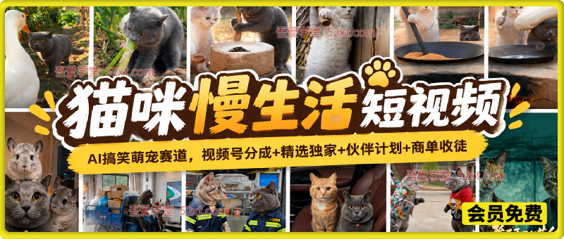 猫咪慢生活短视频，AI搞笑萌宠赛道，视频号分成+精选独家+伙伴计划+商单收徒