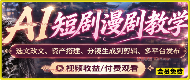 AI短剧漫剧教学，选文改文、资产搭建、分镜生成到剪辑、多平台发布，视频收益/付费观看。手把手教学各平台变现方式