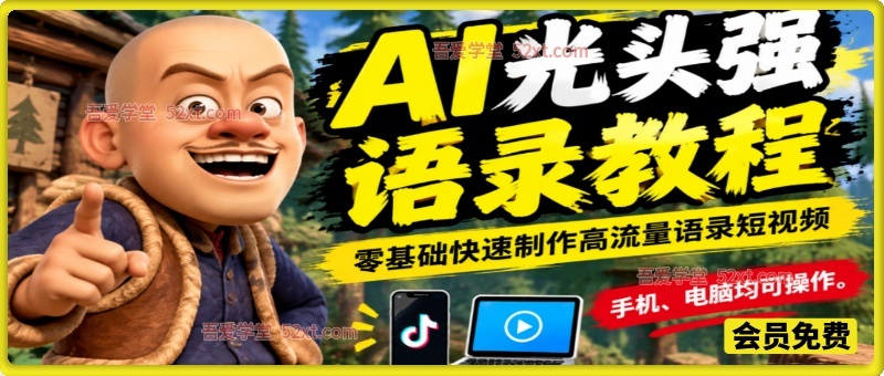 AI光头强语录，抖音10W粉丝博主同款教程，手机、电脑均可操作，零基础快速制作高流量语录短视频