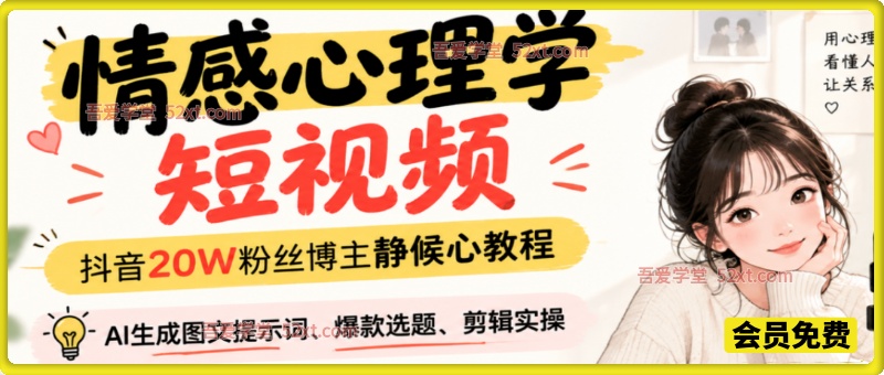 情感心理学短视频（抖音20W粉丝博主静候心教程），AI生成图文提示词、爆款选题、剪辑实操，伙伴计划、橱窗带货、收徒多种变现方式