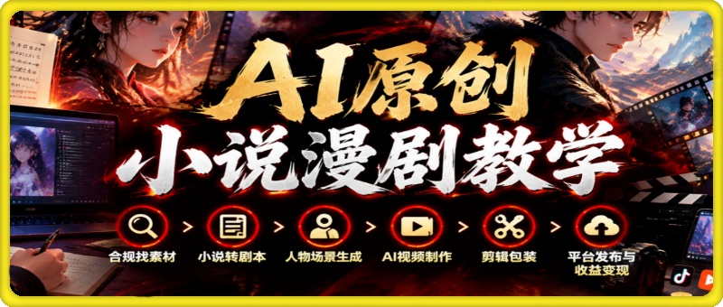 AI原创小说漫剧教学，合规找素材+小说转剧本+人物场景生成+AI视频制作+剪辑包装+平台发布与收益变现