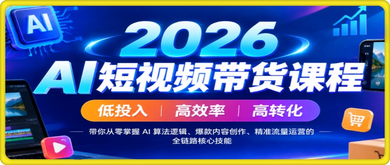 2026AI短视频带货课程，低投入、高效率、高转化，带你从零掌握 AI 算法逻辑、爆款内容创作、精准流量运营的全链路核心技能