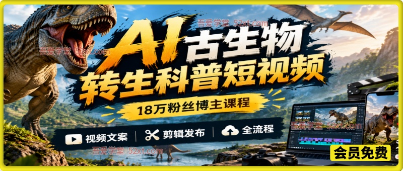 AI古生物转生科普短视频，18万粉丝博主课程，视频文案、剪辑发布全流程。