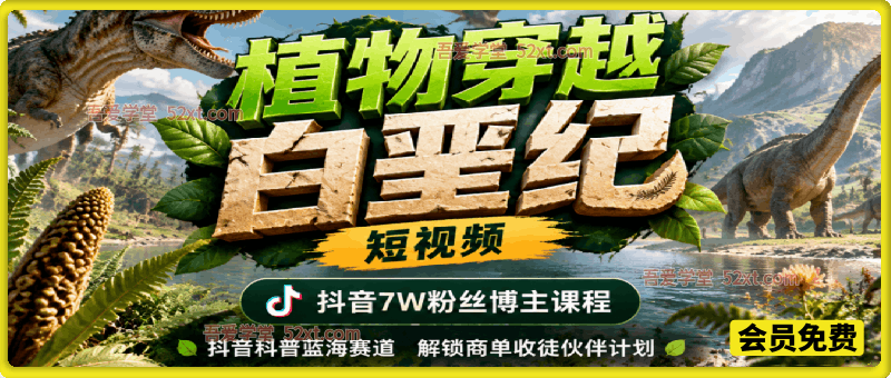 植物穿越白垩纪短视频，抖音7W粉丝博主课程，抖音科普蓝海赛道，解锁商单收徒伙伴计划等